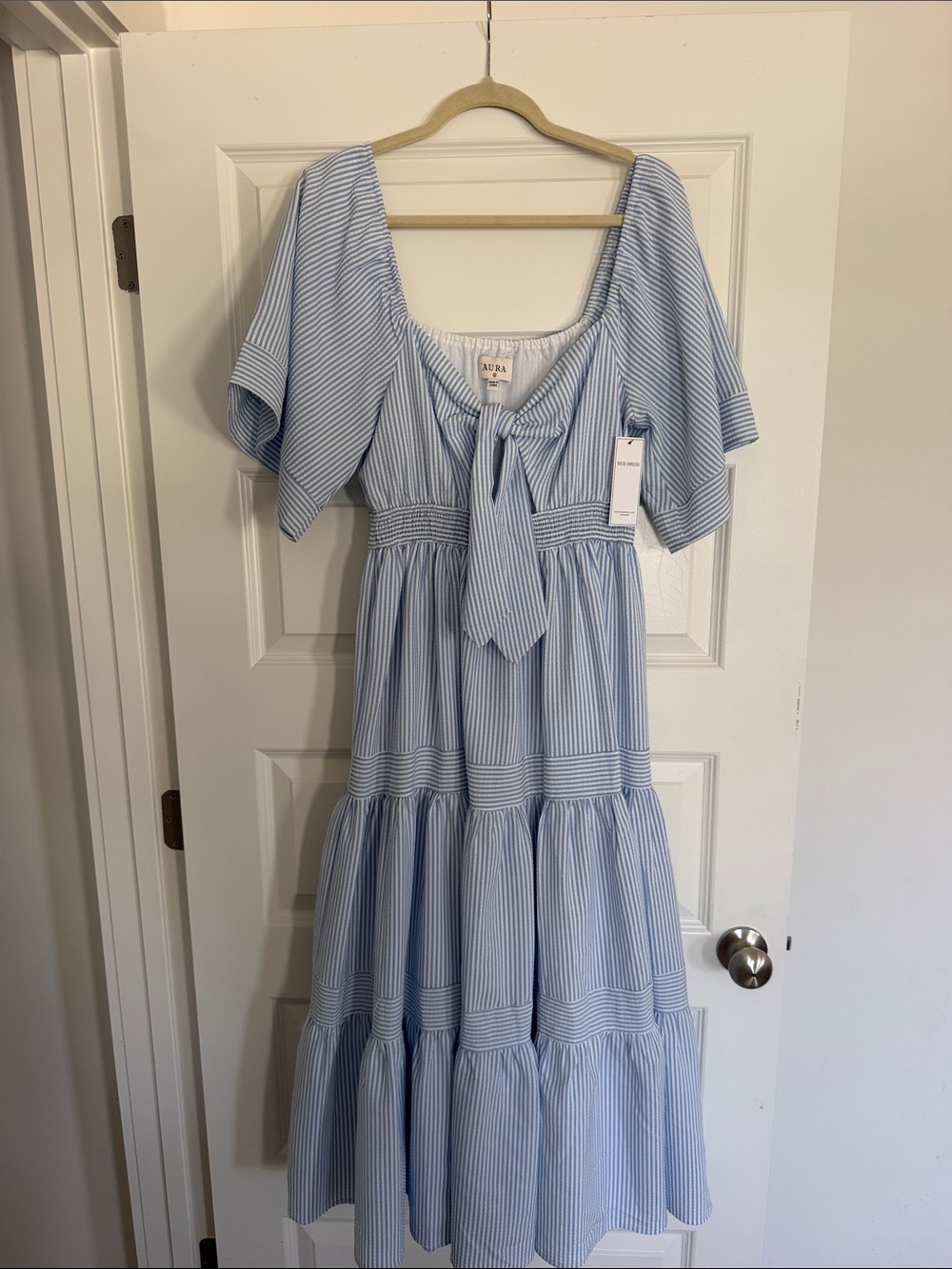 Red dress boutique Stripe Tiered Dress with Tie Front